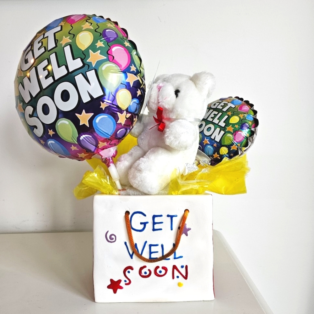 Ceramic Tote Plush Bear Baloons "Get Well Soon", AmeriChoice Since 1987
